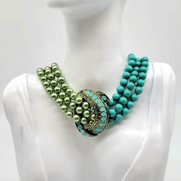 Heidi Daus Rare 80s Vintage Half Pearl Half Turquoise Choker w/ Crystal Pendant - Picture 5 of 11
